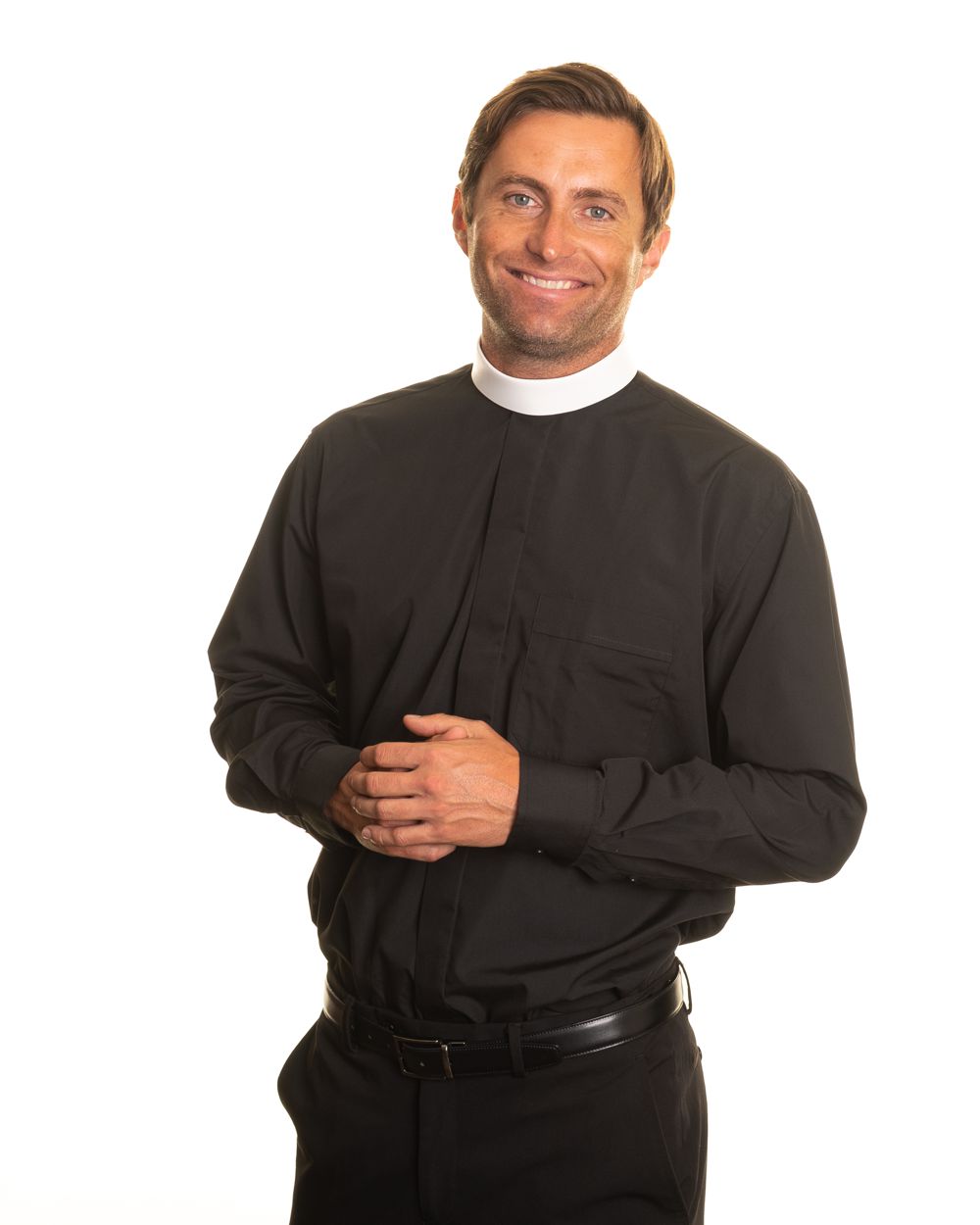 Clerical Shirt: Men Banded Collar L/S Black  Reliant Shirts